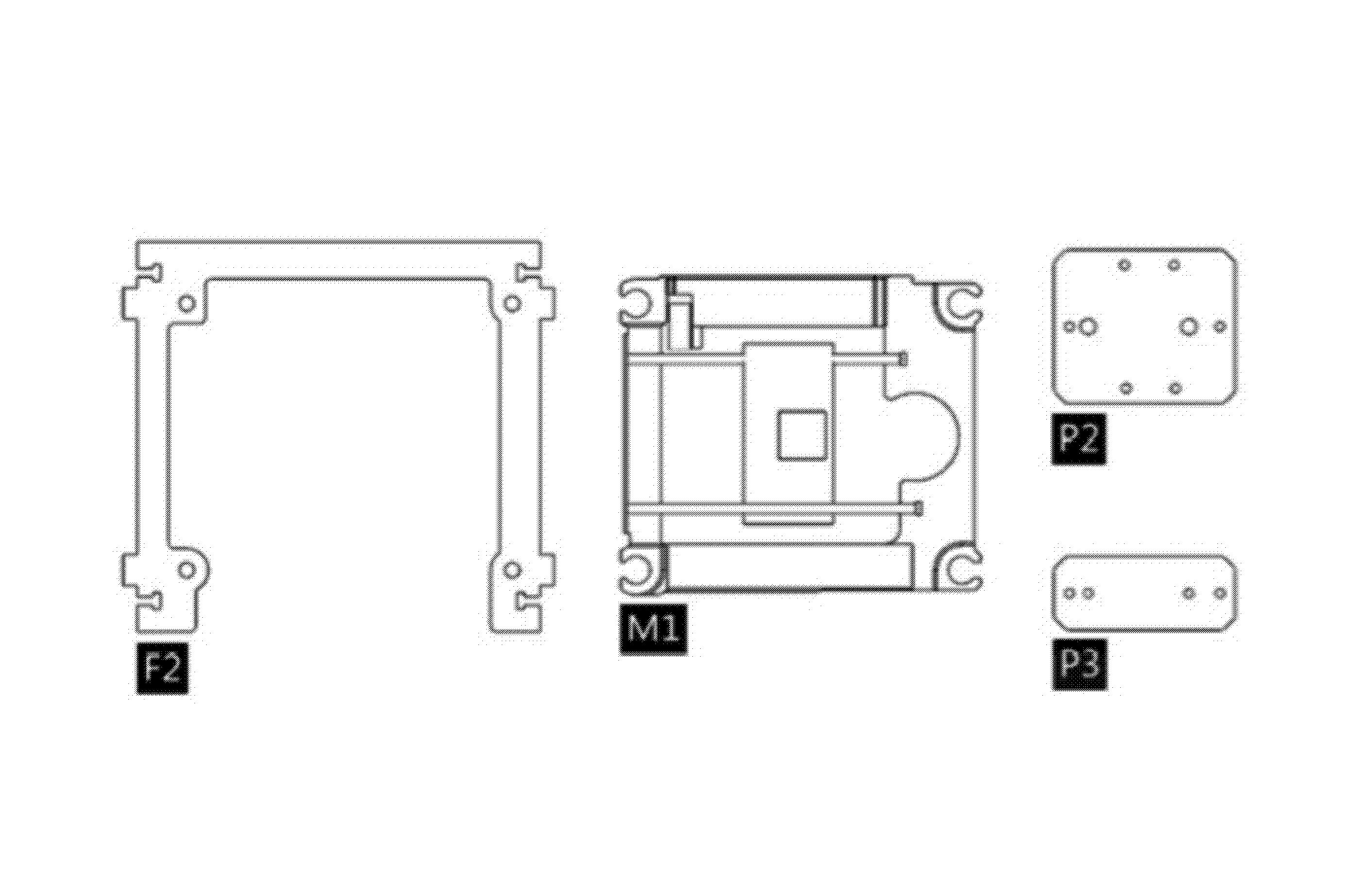 X-axis parts laid out flat — M1 motor board and F2 bracket