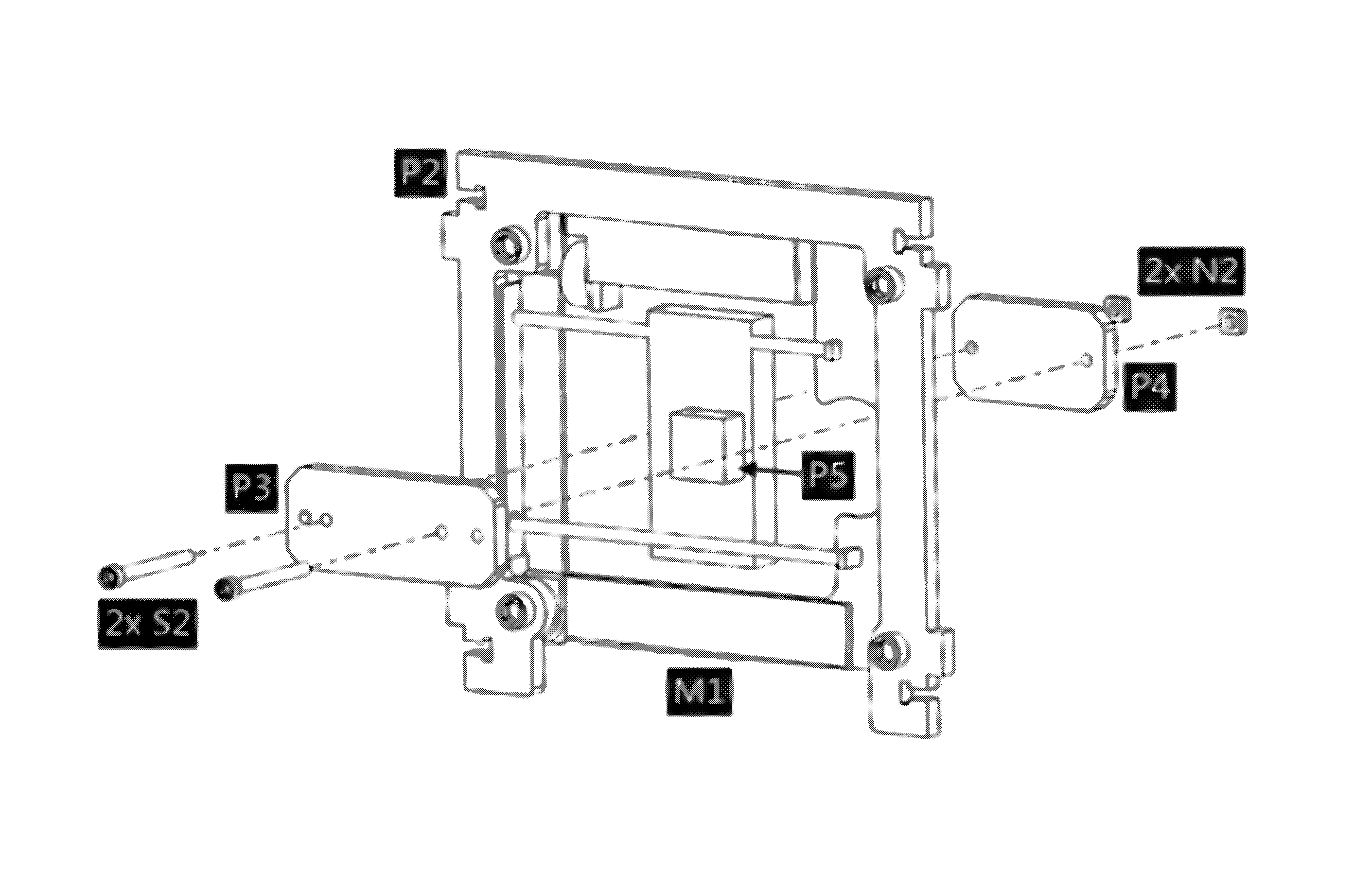 P3 and P4 positioning plates on X carriage with S2 bolts inserted