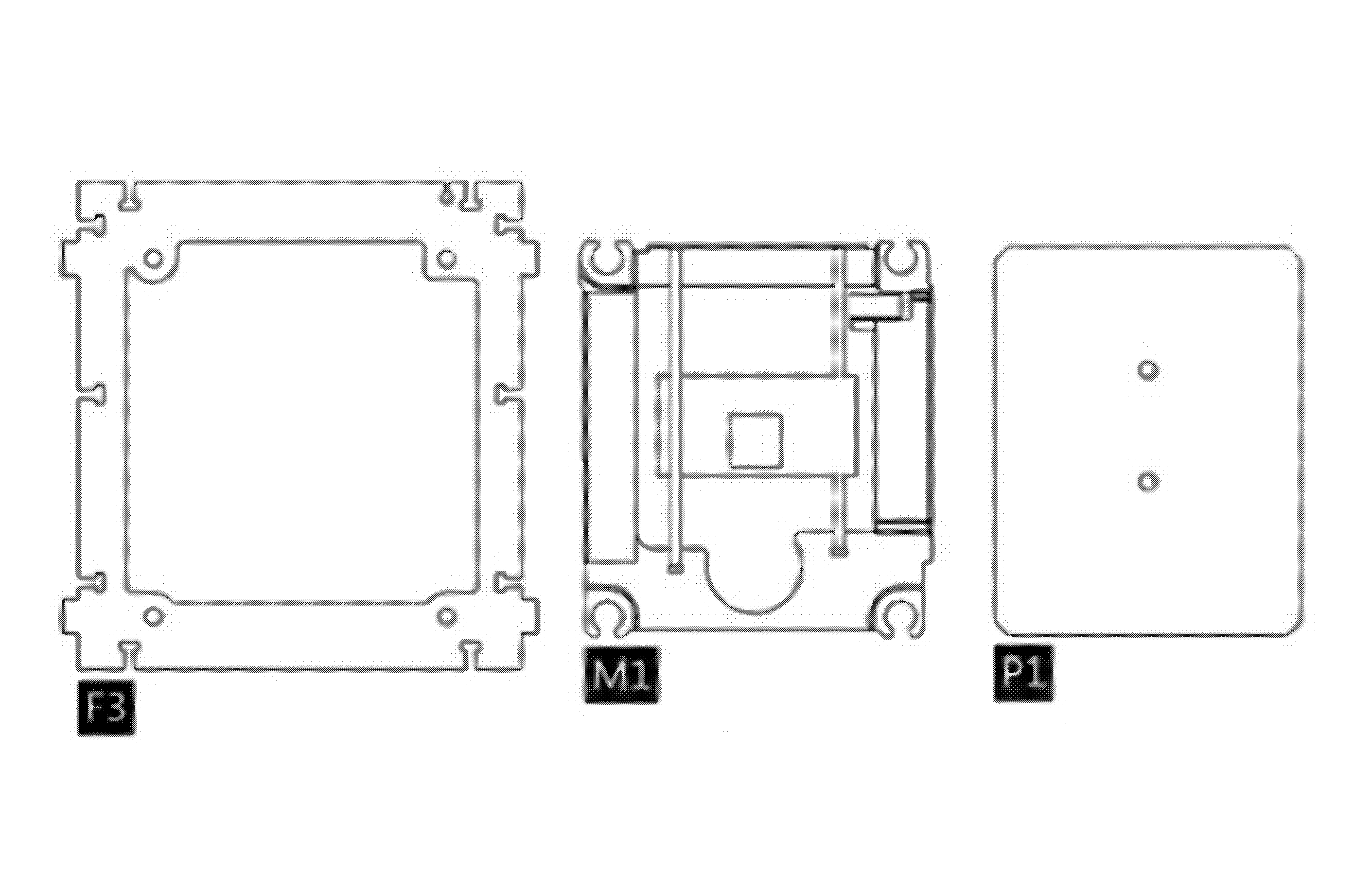 Y-axis parts laid out flat — M1 motor board and F3 bracket