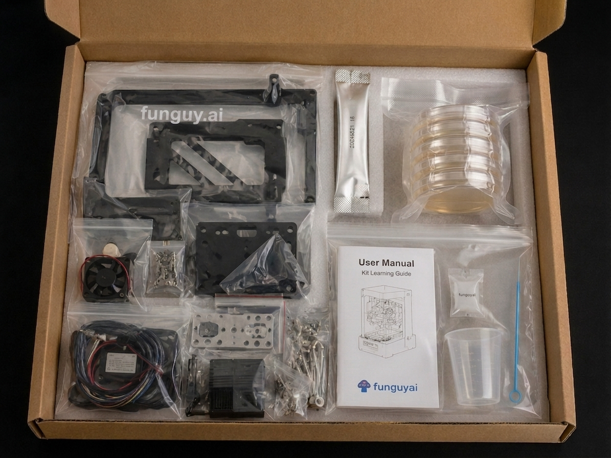 Mycelian Micro kit unboxing — all components in shipping box