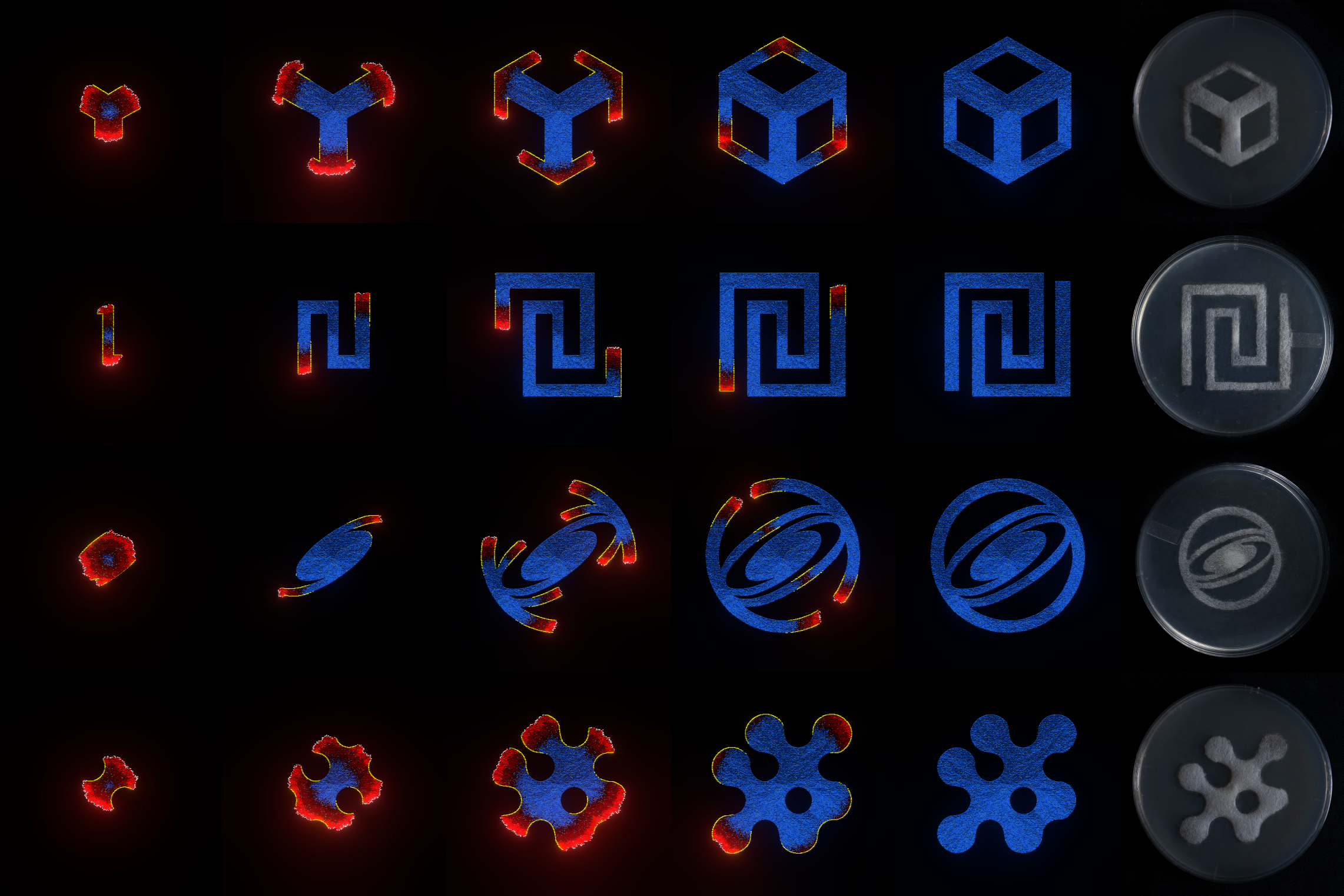Four different designs grown using dynamic light containment — demonstrating the range of shapes achievable