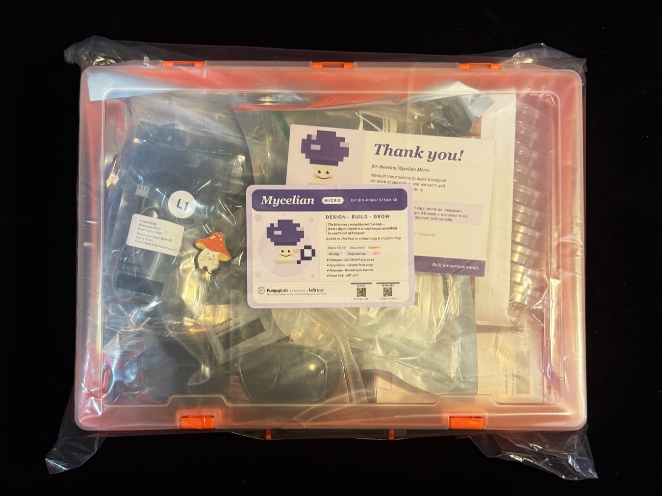 Mycelian Micro kit unboxing — all components in shipping box