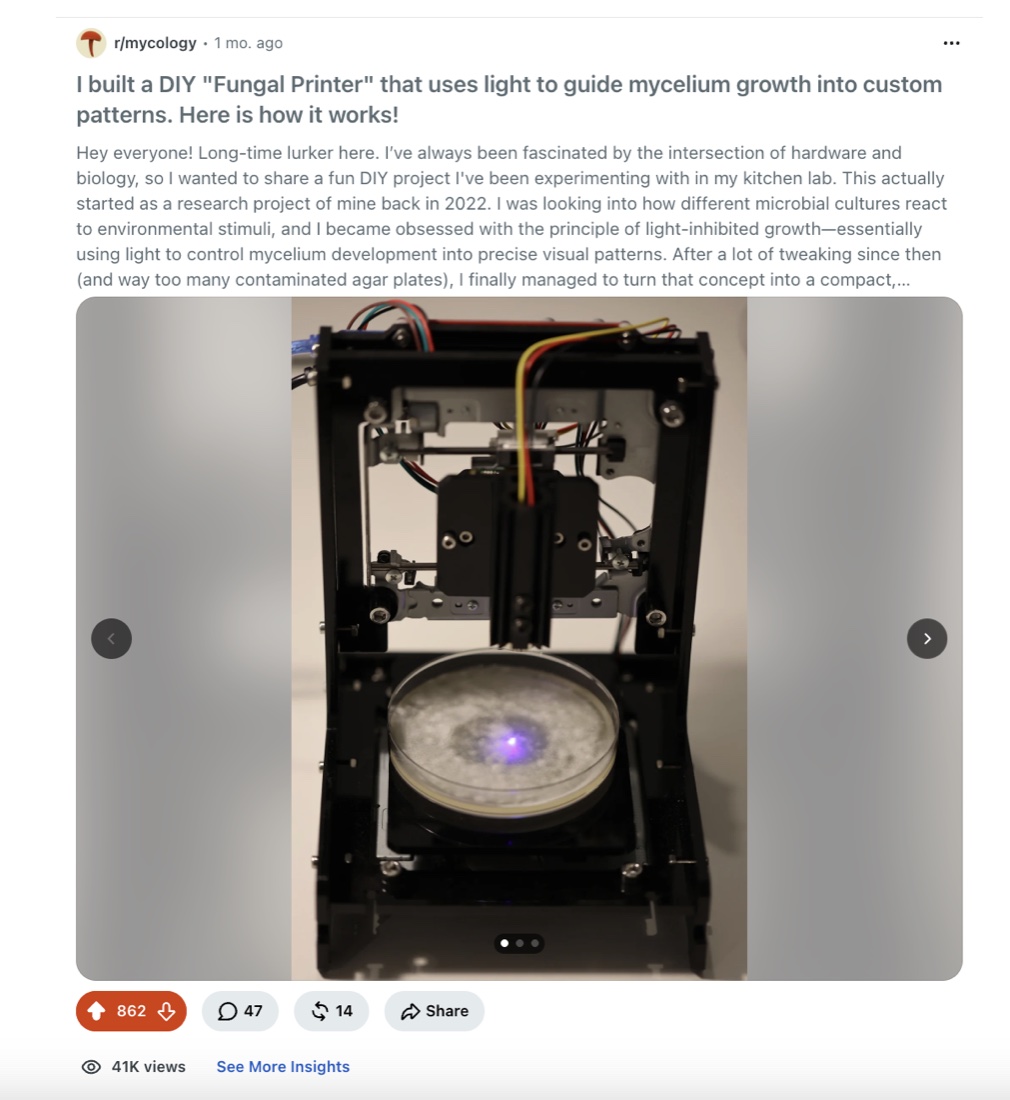 FunguyLab's DIY fungal printer post on r/mycology