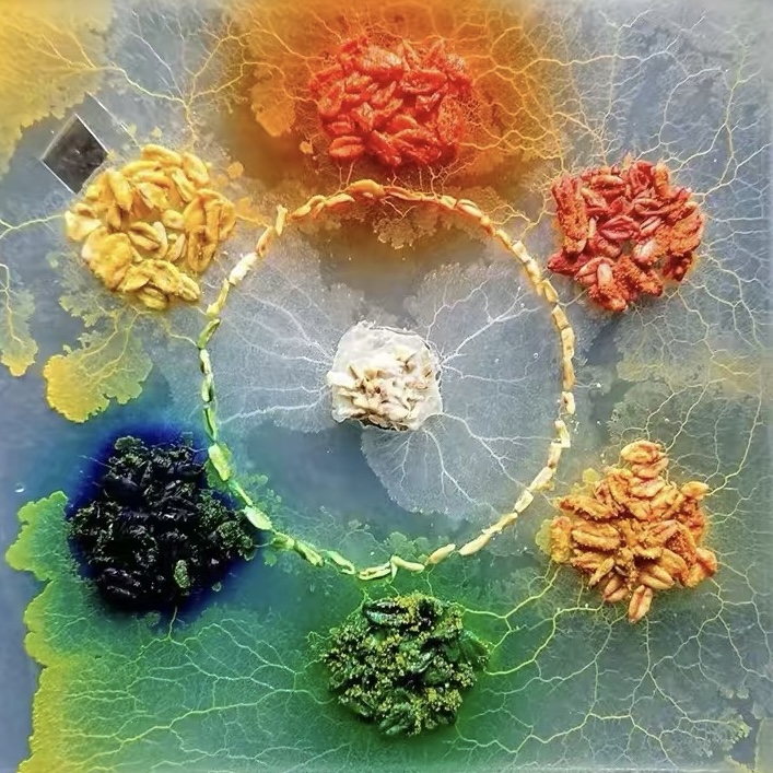 A color wheel of dyed slime mold — oat clusters dyed orange, yellow, red, blue and green connected by the living Physarum network