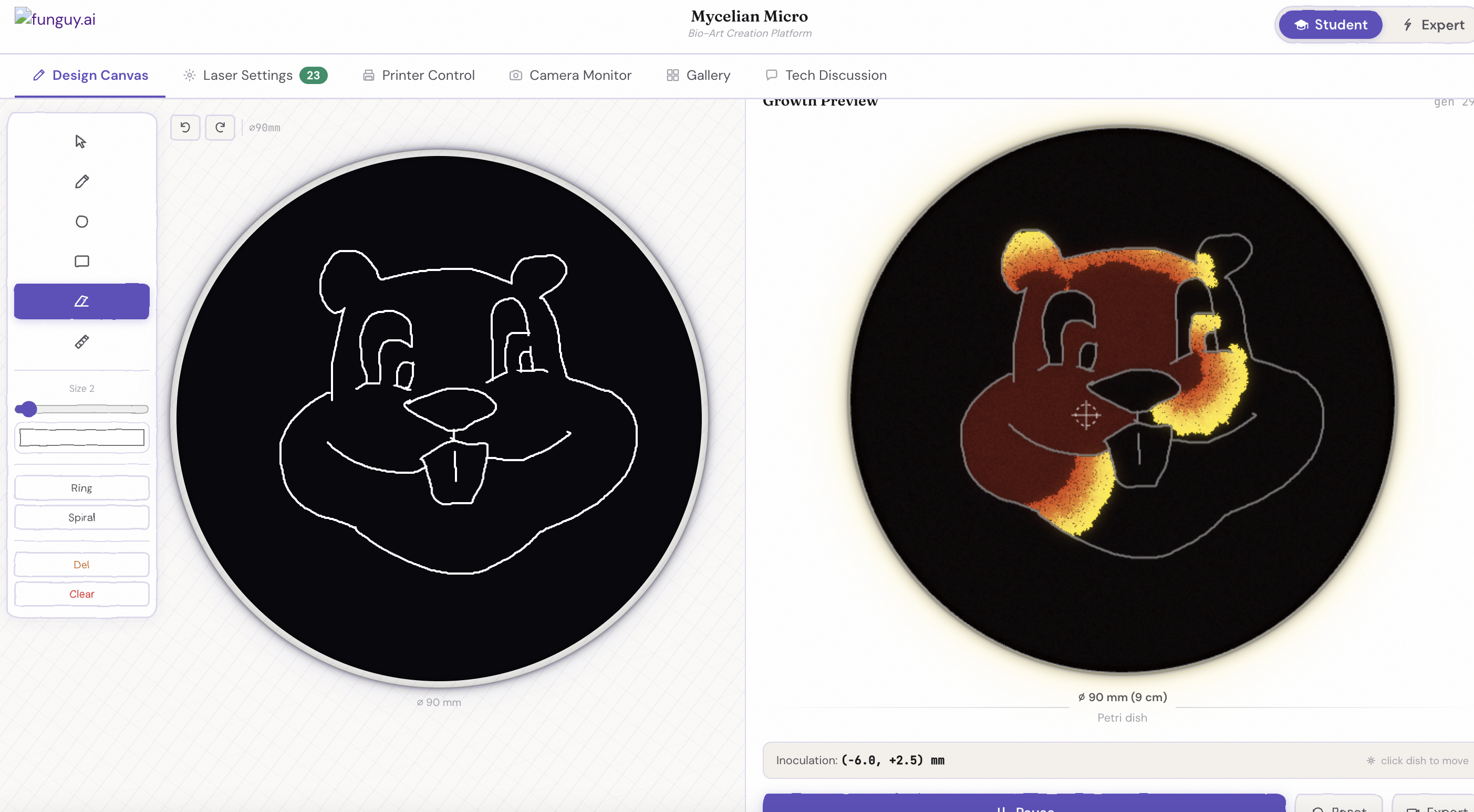 Mycelian Micro software interface: pattern design canvas and laser control panel