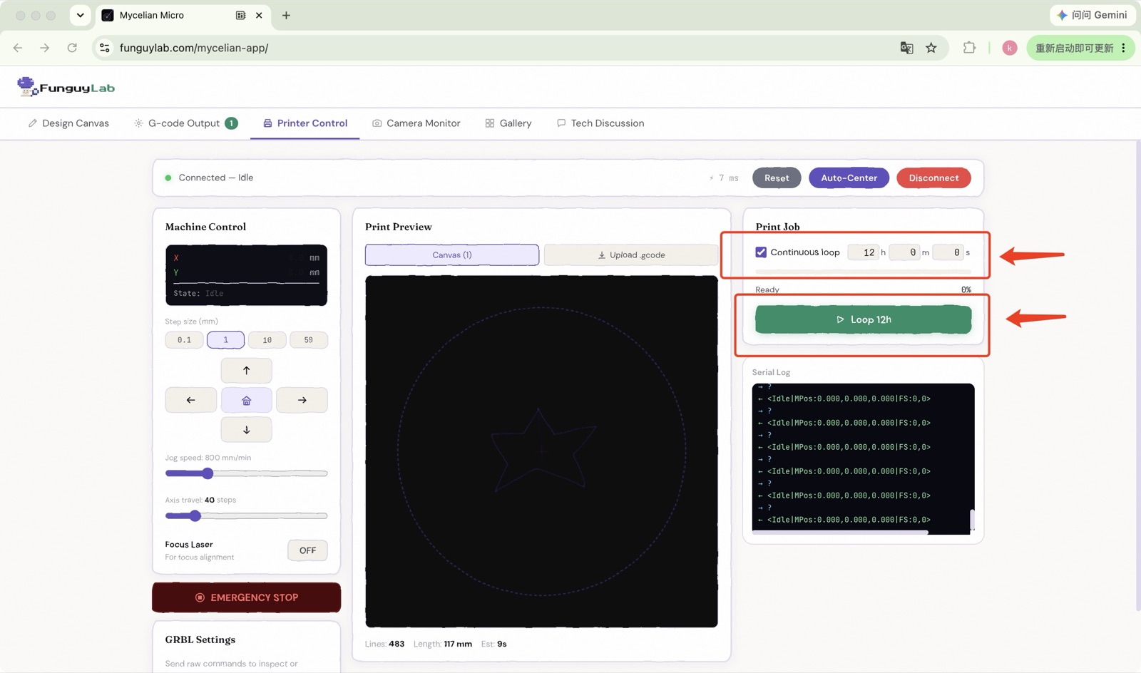 Mycelian Micro web app — Start Print with a continuous-loop print job