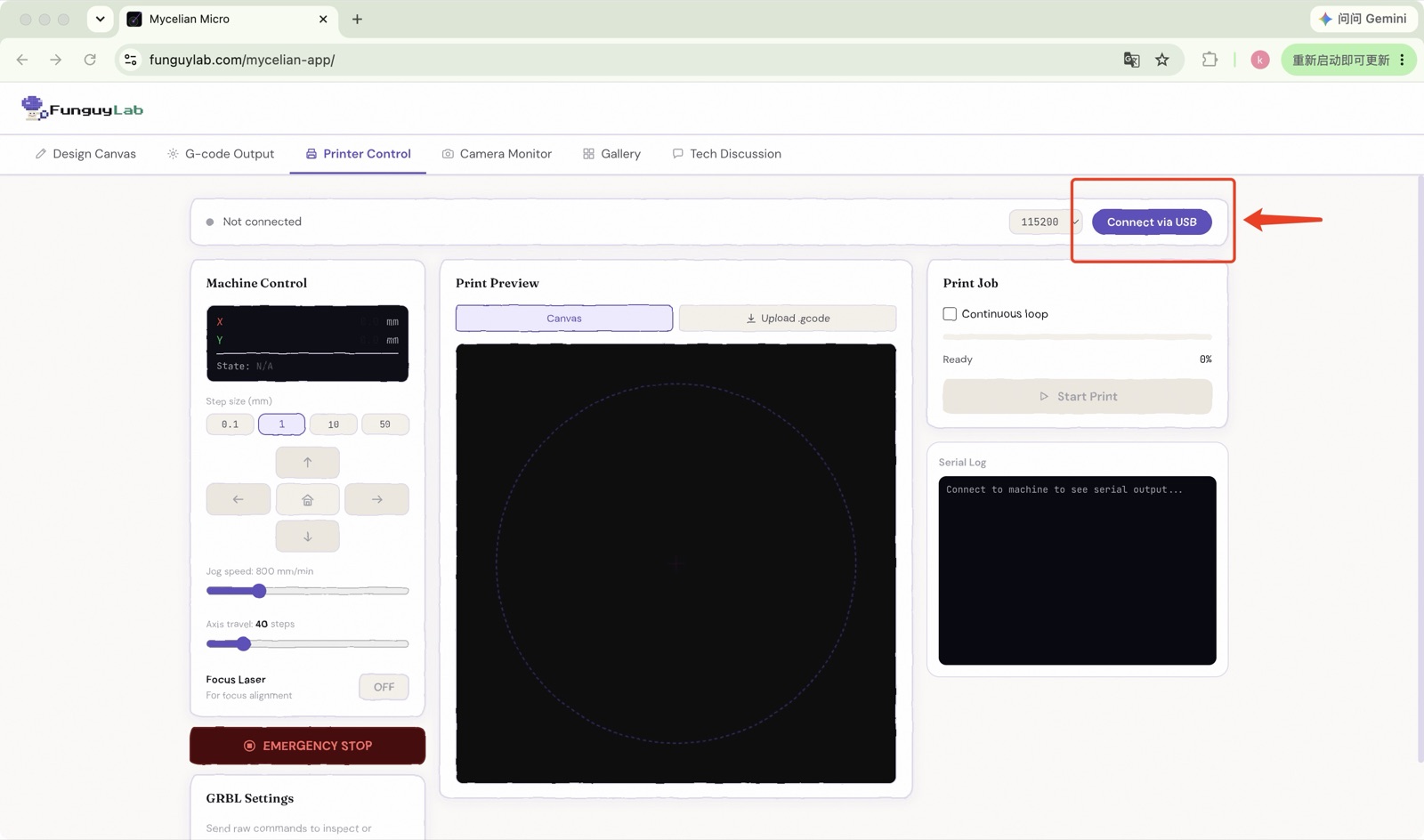 Mycelian Micro web app — Printer Control page, Connect via USB